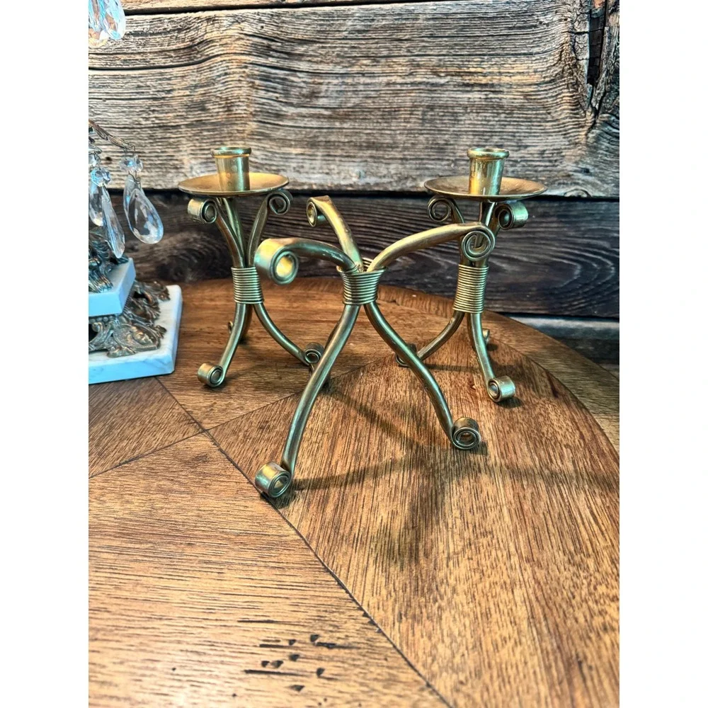 Vintage Brass Tripod Candle Holders  3Pair Brutalist Wire Wrapped Taper Stick